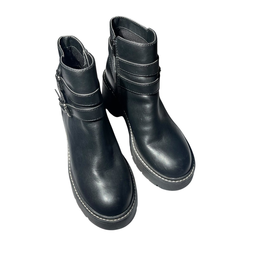 Madden Girl Black Ankle Boots Women's Size 9M‎ Lug Platform Buckle Zip Up